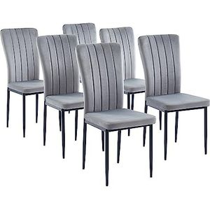 BAÏTA Set van 6 Poppy stoelen, velours, grijs, metalen poten, zwart