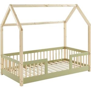 BAÏTA - Kinderbed Tiny grenen en groen, 70 x 140 cm, lattenbodem inbegrepen