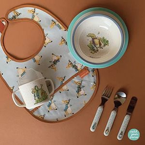 Kleine dag – maaltijdset voor baby's + 6 maanden – melamine – BPA-vrij – babybord 18 cm, kom 250 ml, mok met 2 hengsels 160 ml, bestekset, slabbetje van wasdoek – steen konijn