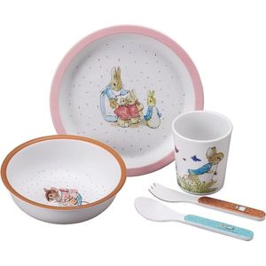 PETIT JOUR - 5-delige cadeauset voor kinderen van 6 maanden - melamine - BPA-vrij - bord 18 cm, pauk 160 ml, kom 250 ml, set van 2 bestek 14 cm - vaatwasmachinebestendig - steen konijn - roze