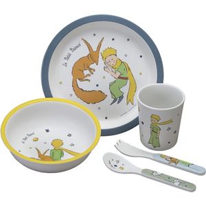 Kleine dag – 5-delige cadeauset voor kinderen van 6 maanden – melamine – BPA-vrij – bord 18 cm, pauk 160 ml, kom 250 ml, set van 2 bestek 14 cm – vaatwasmachinebestendig – Le Petit Prince – blauw