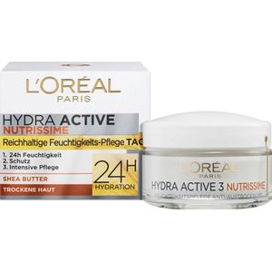 L'Oréal Paris Hydraterende dagcrème voor het gezicht, gezichtscrème voor de gevoelige en droge huid, hydraterende dagcrème met karité boter, Hydra Active 3 Nutrissime, 1 x 50 ml