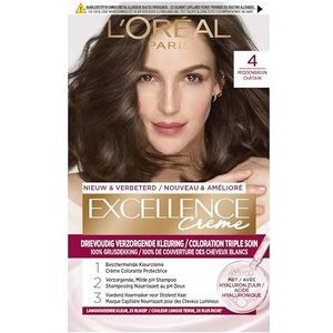 L'Oréal Paris Excellence Crème Middenbruin 4 - Permanente Haarkleuring - Bevat beschermende crèmekleuring, een zachte pH shampoo en een voedend haarmasker