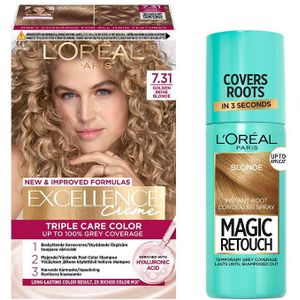 L'Oréal Paris Excellence Creme Hair Color 7.31 Golden Beige Blonde & Magic Retouch Root Concealer Spray 5 Blonde 1 pcs + 75 ml