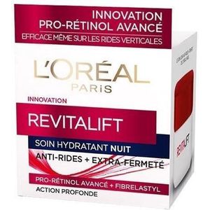 L'Oréal Paris - Vochtinbrengende nachtverzorging voor het gezicht, anti-aging, anti-rimpelcrème, extra strak en verkwikkend – verrijkt met pro-retinol en fibrelastyl – voor alle huidtypes – Revitalift