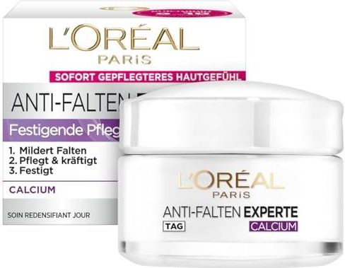 L'Oréal Paris Feuchtigkeitspflege für das Gesicht, Feuchtigkeitspendende Anti-Aging Tagescreme mit Calcium zur Minderung von Falten, Anti-Falten Experte 55+, 1 x 50 ml