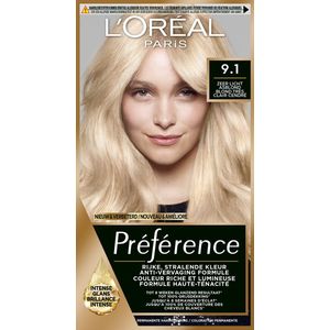 1+1 gratis: L'Oréal Préférence Permanente Haarkleuring 9.1 Zeer Licht Asblond