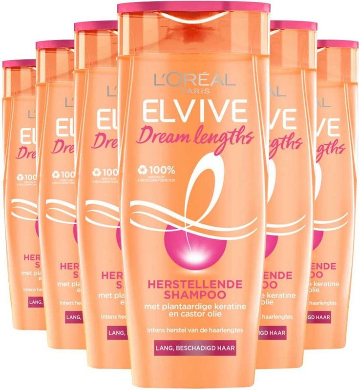L'Oréal Paris Elvive Dream Lengths - Shampoo met Castorolie en Niacinamide voor Lang en Beschadigd Haar - 6x 250ml