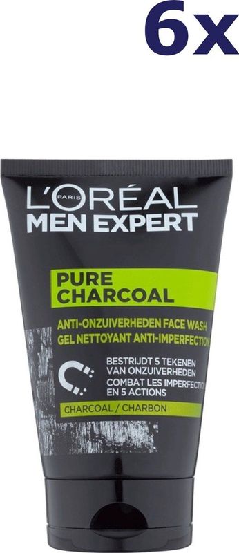 L’Oréal Paris Men Expert Pure Charcoal Gezichtsreiniging - 6 x 100 ml - Voordeelverpakking