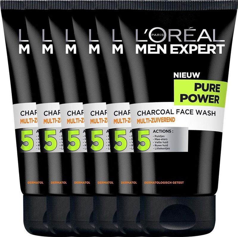 L’Oréal Paris Men Expert Pure Charcoal Gezichtsreiniging - 6 x 100 ml - Voordeelverpakking