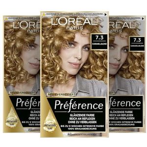 L'Oréal Paris 3 stuks permanente haarverf met kleuring en haarverzorgingsbalsem Préférence 7.3 karamelblond (Florida)