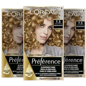 L'Oréal Paris Permanente haarverf, haarverfset met kleur- en glans-verzorgingsbalsem, Préférence, 7.3 karamelblond, set van 3