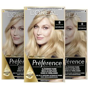 L'Oréal Paris 3 stuks permanente haarverf met kleuring en kleurverzorgingsbalsem, Préférence, 8 natuurlijk blond (Cailfornia)