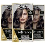 L'Oréal Paris Permanente Haarfarbe, Haarfärbeset mit Coloration und Farbglanz-Pflegebalsam, Préférence, 3 Dunkles Naturbraun, 3er Set