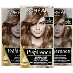 L'Oréal Paris Set van 3 permanente haarkleuringen met kleur en verzorgende balsem, Préférence, 6 natuurlijk lichtbruin (Buenos Aires)