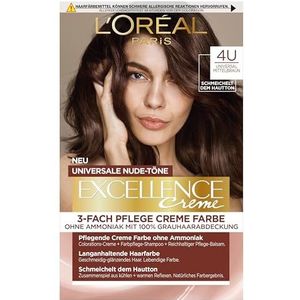 L'Oréal Paris Permanente kleuring voor alle huidtinten, ammoniakvrije kleuring, universele nude met volledige dekking van grijs haar, Excellence crème, middenbruin nr. 4U