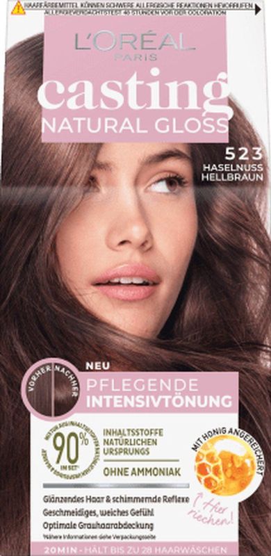 L'Oréal Paris Coloration, Intensivtönung, Für alle Hauttypen, Ohne Ammoniak und Silikone, Abdecken grauer Haare, Casting Natural Gloss Haarfarbe, Nr. 523 Haselnuss Hellbraun, 1 Stück