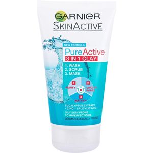 Garnier Pure Active 3in1 Clay Mask-Wash-Scrub 150 ml, met klei, salicylzuur en niacinamide, gezichtsreiniger voor vette huid die vatbaar is voor onzuiverheden, elimineert onzuiverheden en vermindert