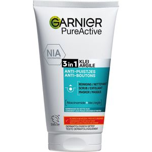 Garnier PureActive 3-in-1 Reiniging Scrub Masker met Klei Argile & Niacinamide - Tegen puistjes en onzuiverheden - 150ml