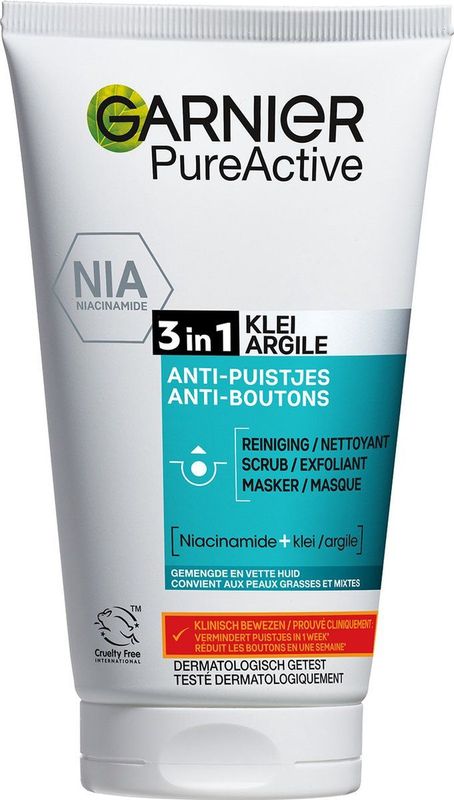 Garnier PureActive 3-in-1 Reiniging Scrub Masker met Klei Argile & Niacinamide - Tegen puistjes en onzuiverheden - 150ml