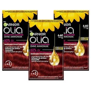 Garnier Olia Permanente haarkleur zonder ammoniak, met voedende en natuurlijke oliën, volledige dekking van grijs haar, permanente kleuring, nr. 6.6 intensief rood, 3 x 1 stuks