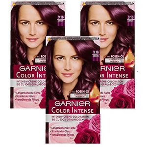 Garnier Permanente haarkleuring met rijke verzorgingskuur, crèmekleuring, intensief kleurresultaat met 100% grijsdekking, Color Intense, 3.16 aubergine, 3 x 1 stuk