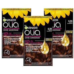 Garnier Olia 3 stuks permanente haarverf zonder ammoniak, met voedende en natuurlijke oliën, volledige dekking van grijs haar, permanente kleuring, nr. 5.35, warme chocoladebruin