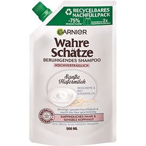 Garnier Shampoo, navulverpakking met zachte havermout, rustgevend voor gevoelig haar, met zijdeachtige rijstcrème en havermout, echte schatten, 500 ml