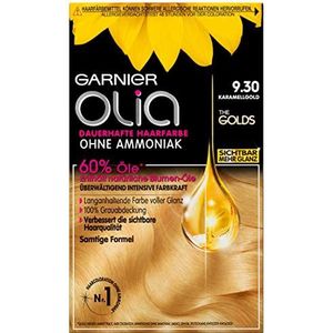 Garnier Permanente kleuring zonder ammoniak met voedende natuurlijke oliën, volledige afdekking voor grijs haar, permanente kleur Olia 9.30 goud karamel blond, 1 stuk