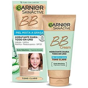 GARNIER Skin Active BB Cream (voor gemengde huid tot vette huid, met SPF 25, hyaluronzuur, aloë vera extract en minerale pigmenten, hydrateert en glad), lichte klei, 50 ml