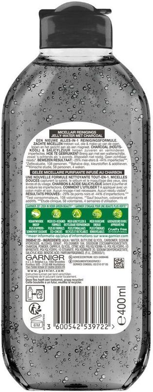 6x Garnier SkinActive Micellair Reinigingswater Jelly-water Alles-in-1 met Charcoal 400 ml
