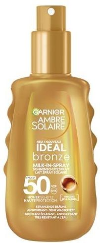 Garnier Ambre Solaire Ideal Bronze Milk-in-Spray, UV-zonnebrandspray voor een stralende bruining, zeer hoge bescherming tegen de zon met SPF 50, waterbestendig, 1 x 150 ml