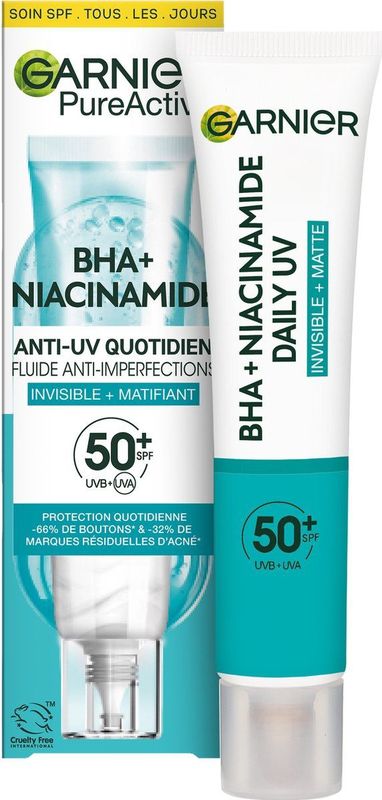 Garnier PureActive BHA + Niacinamide Daily fluid met SPF 50+ tegen onzuiverheden - lichte, matte formule - 40ml