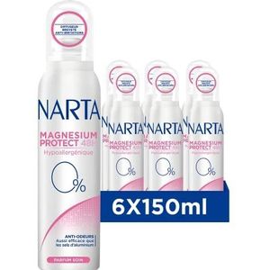 NARTA Magnesium Protect Deodorant Spray Dermo voor dames, effectiviteit, zonder synthetische anti-transpiratie, geurremmend, 48 uur, 150 ml, 6 stuks