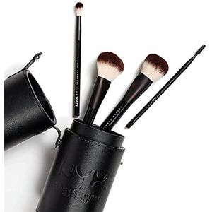 NYX Professional Makeup Brush Set Premium synthetisch gezichtspoeder Blending Blush oogschaduwkwast, make-up kwastenset met penseelschaal (4 stuks, zwart)