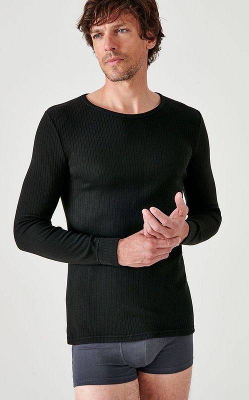 Damart - T-shirt Thermolactyl met ronde hals en geribde fleece - Heren - Zwart - (86-93)