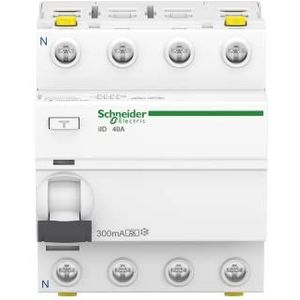 Schneider Electric A9Z24440 aardlekschakelaar iID, 4P, 40A, 300mA, type A, kleurrijk, 40 ampère, wit