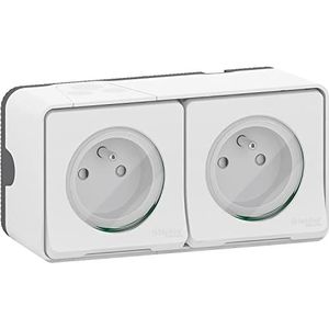 Schneider Electric MUR36027 Mureva Styl, dubbel stopcontact, voorbekabeld, 2P+T, standaard FR, 16 A, IP55, snelle verbinding, wit Mureva Styl - opbouw - IP55 - IK08 - wit