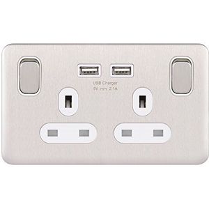 Schneider Electric Lisse Deco GGBL30202USBAWSSS Dubbel stopcontact, schroefloos, eenpolig, met USB-oplaadpoorten, 13 A, roestvrij staal met wit inzetstuk