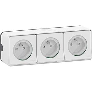 Schneider Electric MUR36039 Mureva Style, drievoudig stopcontact, voorbedraad, 2P+T, standaard FR, 16 A, IP55, snelkoppeling - IP55 - IK08 - wit 3 stopcontacten