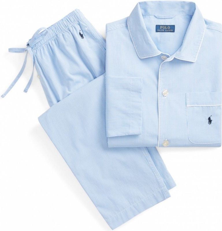 Ralph Lauren - Pyjama - Lichtblauw - Katoen - Geruit Patroon