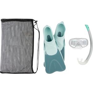 Snorkelset voor kinderen vinnen duikbril snorkel snk 500 blauw grijs pastelgroen