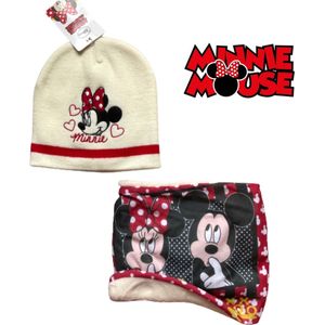Minnie Mouse set / winterset - Muts + Colsjaal/Nekwarmer - Off White / Rood - Maat One Size (± 52-54 cm hoofdomtrek - ±3-6 jaar)