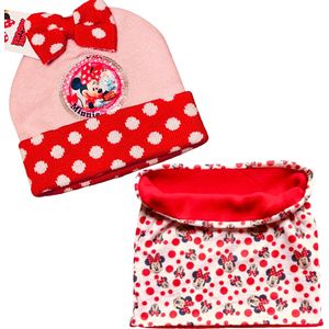 Minnie Mouse set / winterset - Muts + Colsjaal/Nekwarmer - Roze/Rood - Maat One Size (± 52 cm hoofdomtrek - ±2-4 jaar)