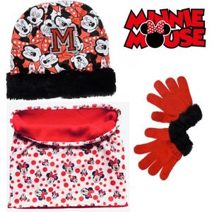 Minnie Mouse set / winterset - Muts + Handschoenen + Nekwarmer - Zwart / Rood - Maat One Size (± 52-54 cm hoofdomtrek - ±3-6 jaar)