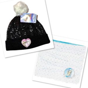 Disney Frozen winterset met pailletten - muts+colsjaal - zwart/wit maat 52 (±3-5 jaar)