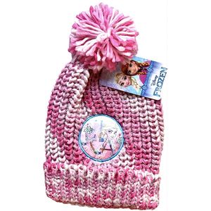 Disney Frozen Muts - Gebreid met Pompon - Roze/Zilver - Maat 54 cm (+/- 5-8 jaar)