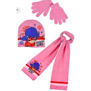 Ladybug Miraculous winterset - muts / sjaal / handschoenen - roos - maat 52 cm