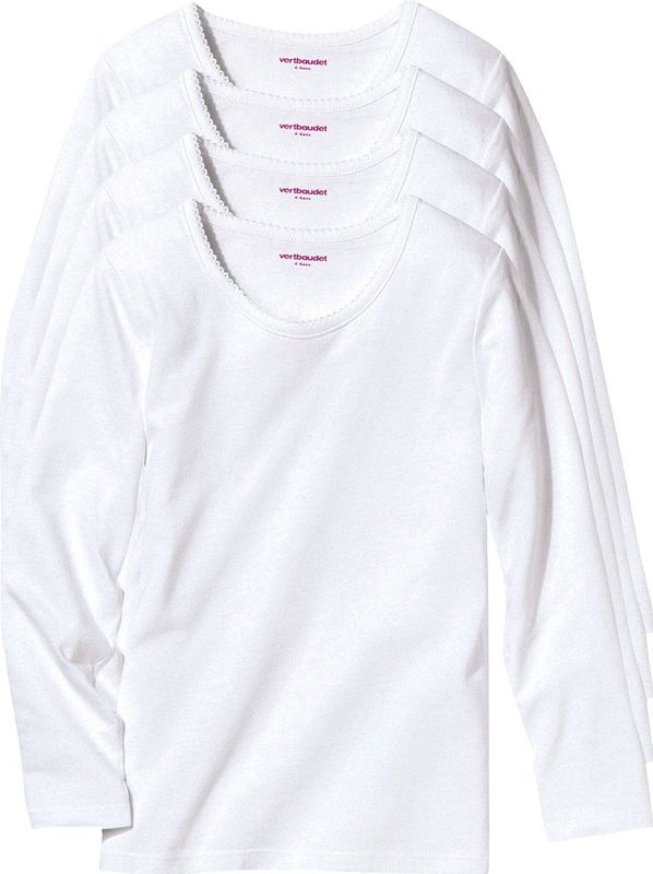 Vertbaudet - Set van 4 - T-shirts - Wit - Katoen, Lange Mouwen, OEKO-TEX® STANDARD 100