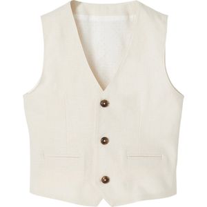 Mouwloos Jasje - Lichtbeige - Katoen/Linnen - Knoopsluiting - Voering met Stippenprint